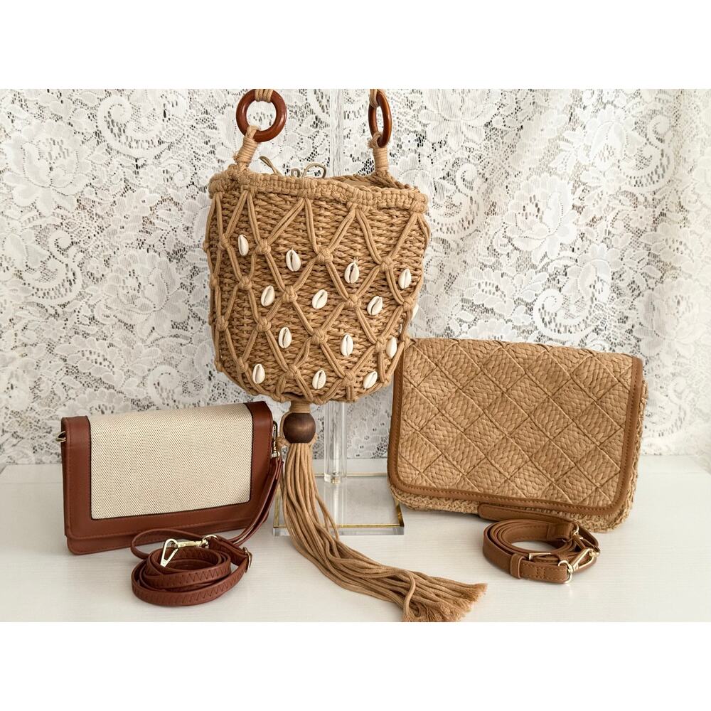 Lot of 3 Boho Straw Crossbody Bags Woven Raffia Shell Beach Summer NWOT - Picture 2 of 14